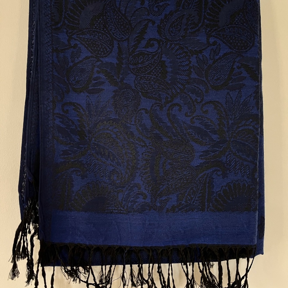 Blue and Black Paisley Pashmina Scarf with Fringe